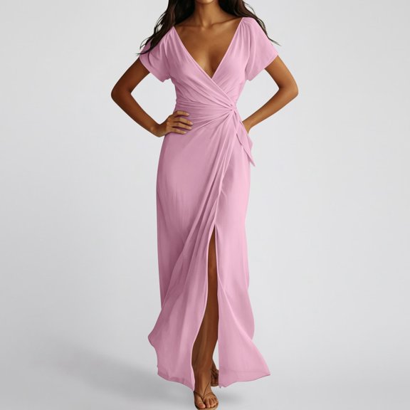 Women's Solid Wrap Front Slit Dress – Elegant V Neck Maxi Gown with Figure-Hugging Fit in Sizes S-XXL, Chic Summer Party Evening Wear for Special Occasions