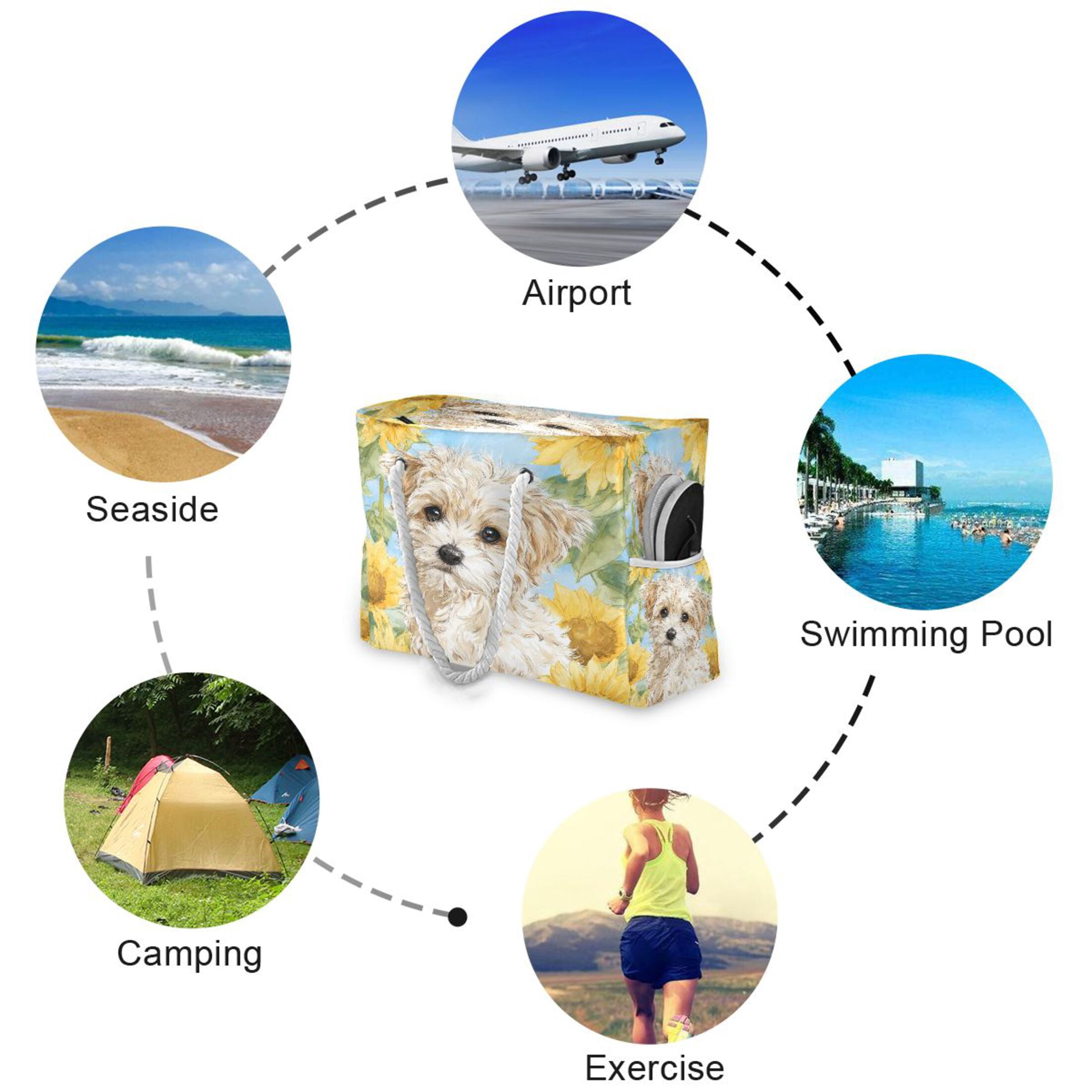 20.5"x15" Large Beach Tote Bag with Rope Handles, Waterproof Nylon, Zipper Closure, Multi-Pockets for Travel, Pool & Daily Use Cute Cream-colored Maltipoo Puppy