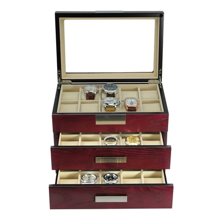 - 30 Piece Cherry Wood Watch Display Case and 3 Drawer Storage Organizer Box with Stainless Steel Accents
