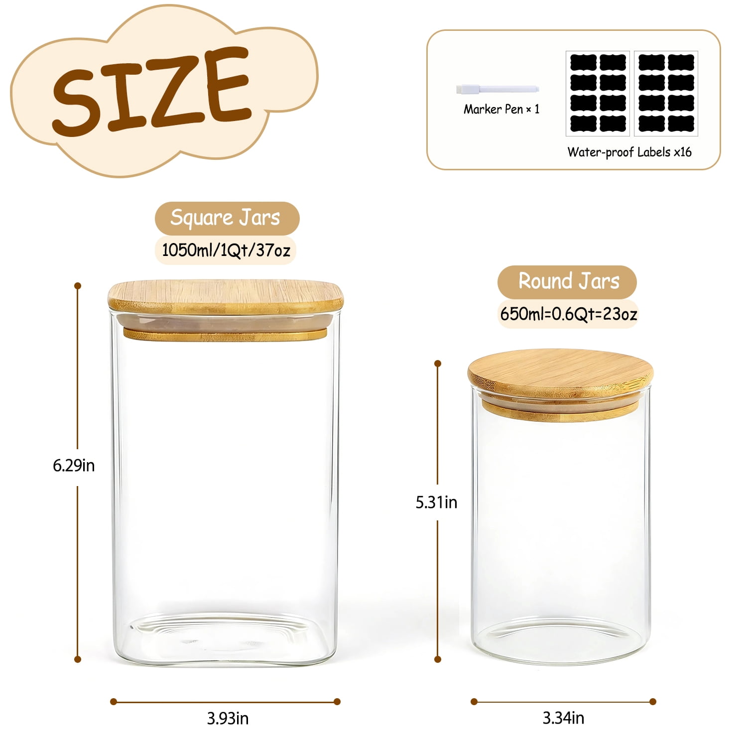 12 Pack Glass Storage Jars Set, 23oz & 37oz Clear Glass Food Storage Containers with Airtight Bamboo Lid, Stackable Kitchen Canisters for Candy, Cookie, Flour, Pasta, Nuts & Spice ( Labels + Marker)
