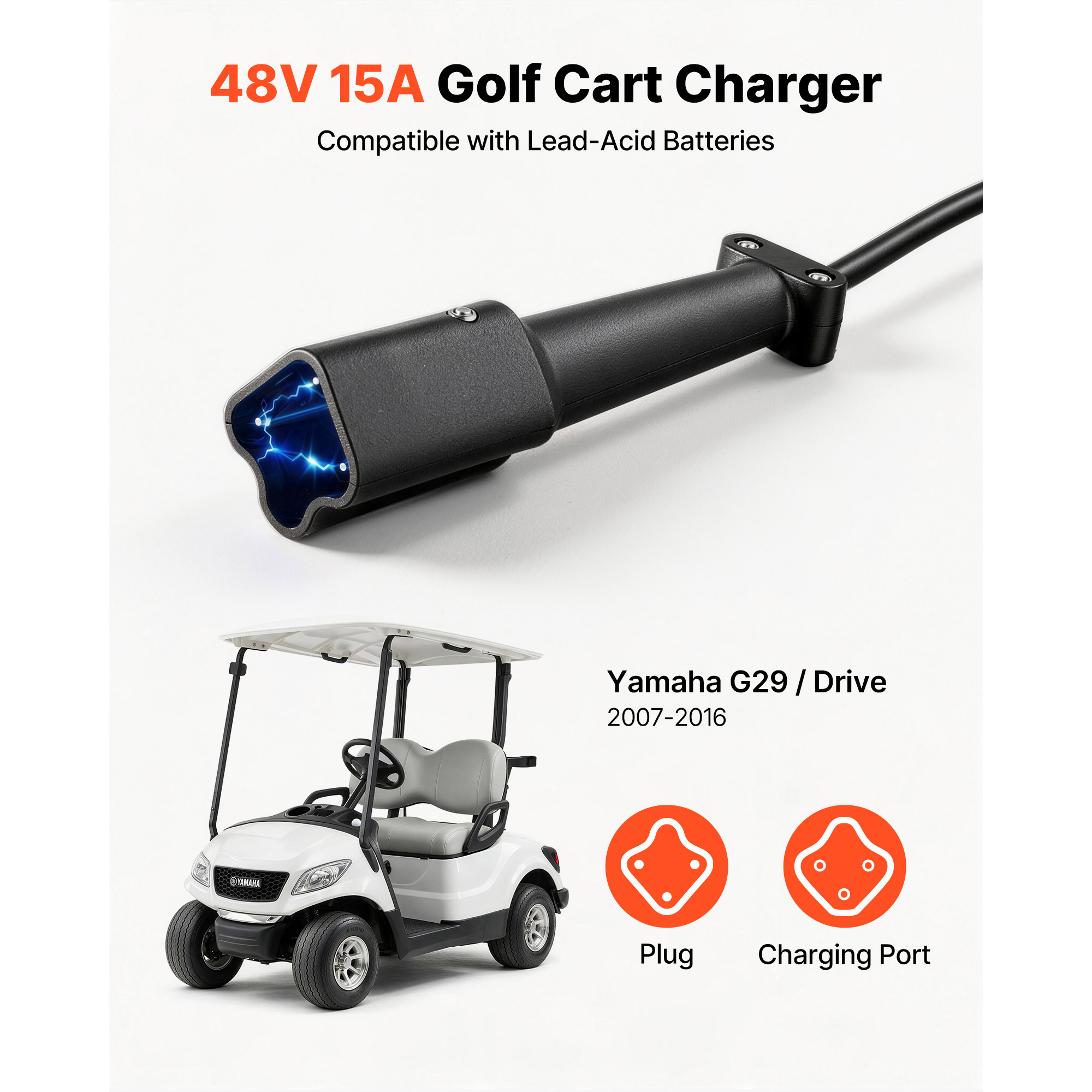 KFFKFF 48V 15A Golf Cart Battery Charger with 3-Pin Leaf Plug, Compatible with Yamaha G29 Drive, Designed for Lead Acid Batteries,LED Indicators, Cooling Fan, and IP67 Waterproof Rating