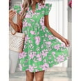 thumbnail image 4 of Sakmal Casual Dresses for Women Floral Ruffle Short Sleeve Green Comfort Fit Mid-Length Shift Dress, 4 of 7