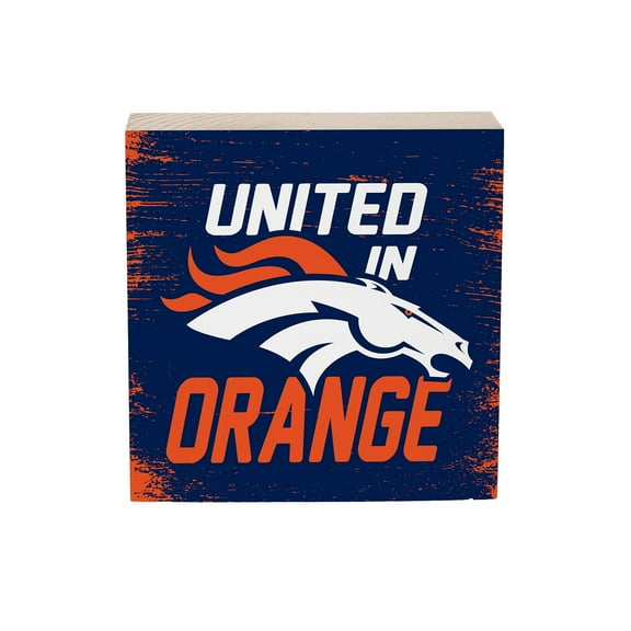 Denver Broncos 6" Square Fan Chant Wood Block Shelf Sign