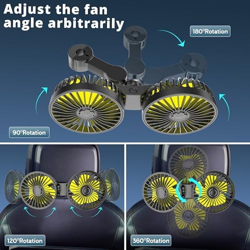 Car Fan for Backseat, Dual Head USB Car Seat Fan, 3 Speeds Strong Wind 360° Rotatable Vehicle Rear Headrest Fan for Car, Air Circulation Car Fans with Adjustable Clip for All Car Models Black+Green