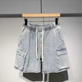 thumbnail image 4 of Hurxie Men's Drawstring Elastic Waist Flap Pocket Straight Cargo Jean Denim Shorts Light Blue,XXS, 4 of 7