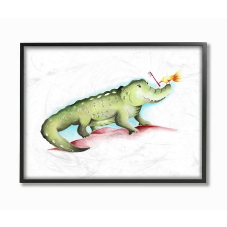 The Kids Room by Stupell Cute Cartoon Baby Crocodile And Bird With Toothbrush Zoo Animal Painting Framed Giclee Texturized Art by Studio Q by Studio Q