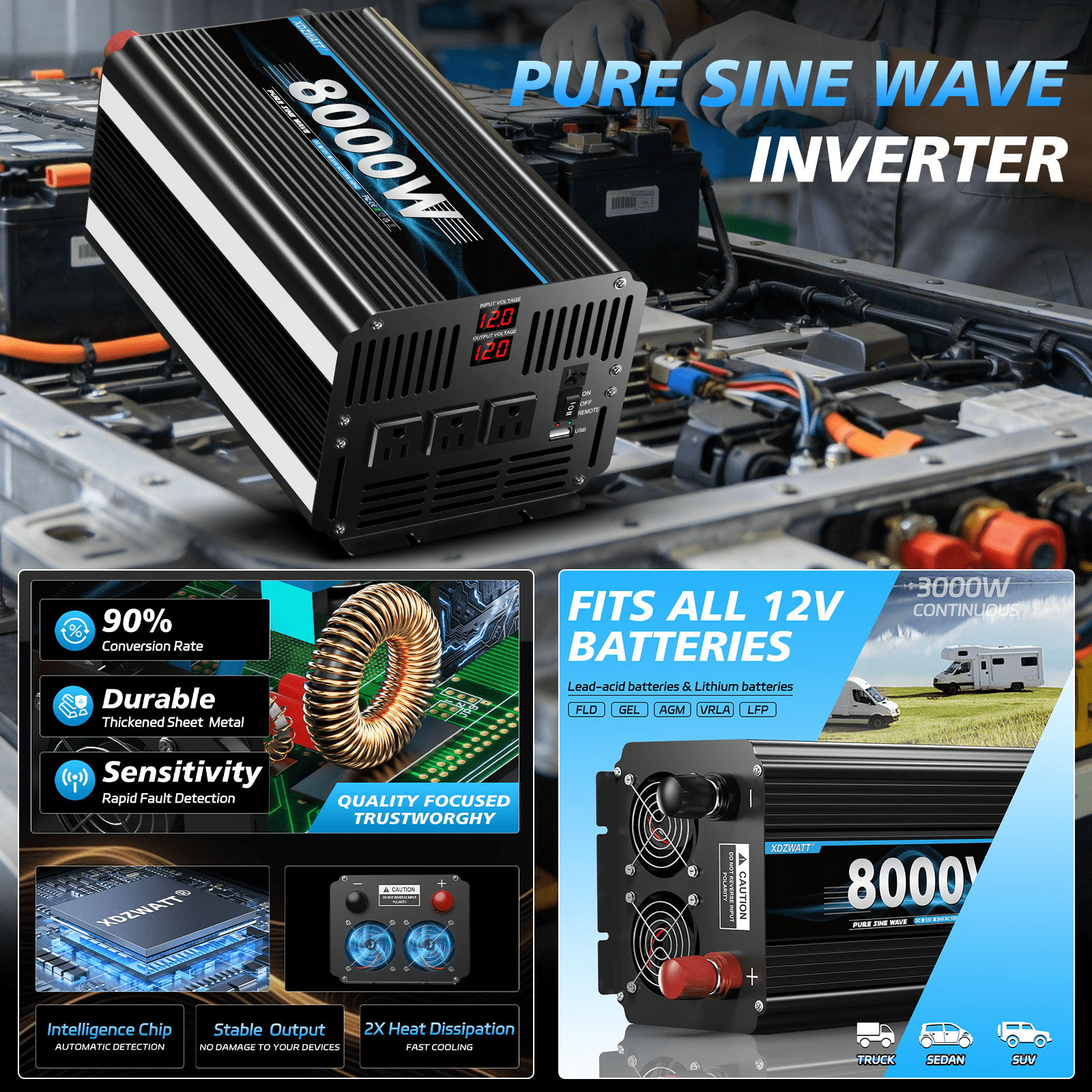 XDZWATT 12V 3000W Continuous 8000W Surge Power Inverter LCD Display for Car
