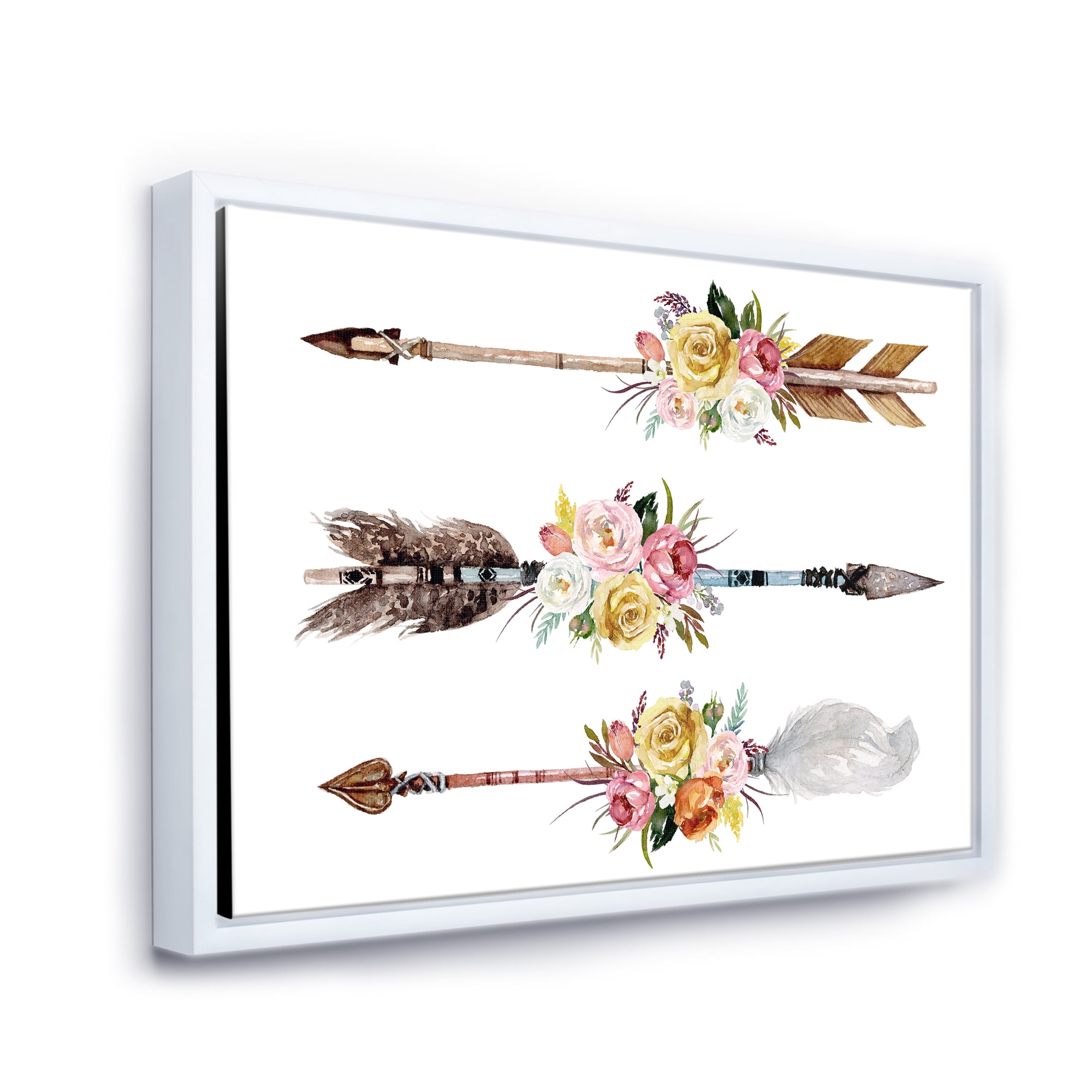 Designart 'Flowers and Ethnic Feathers On Native Arrows II' Bohemian & Eclectic Framed Canvas Wall Art Print
