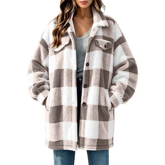 Womens Fleece Jacket Button Down Plaid Flannel Outerwear with Pockets Collar Warm Coat for Winter Weekend Wear Casual Fall Winter Outerwear