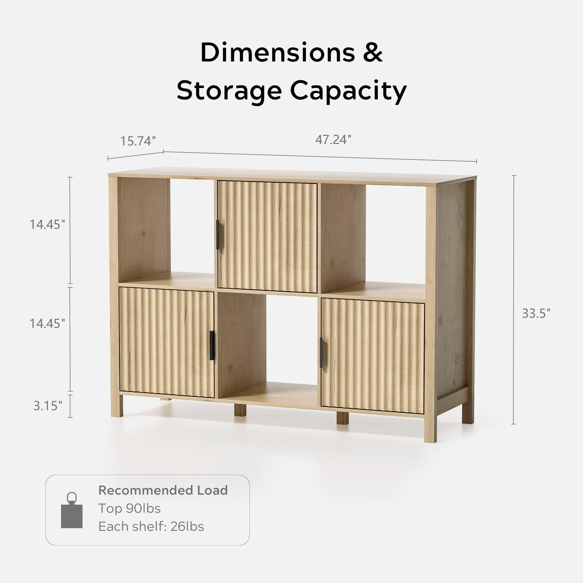 EYYTHUNG Fluted Storage Organizer Bookshelf, Modern Cube Bookcase with 3 Open Shelf and 3 Cabinets with Doors, Light Oak