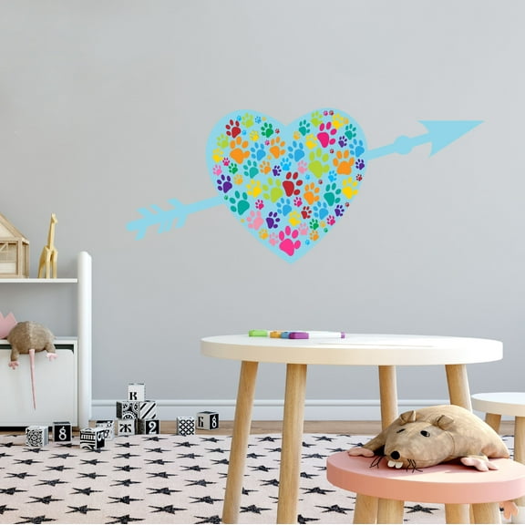 Animal Wall Decal Arrow in Heart with Cute Little Paws Inside it Bedroom Wall Decal for Children Dog Cute Themed Room Décor - Size: 10 In x 4 In