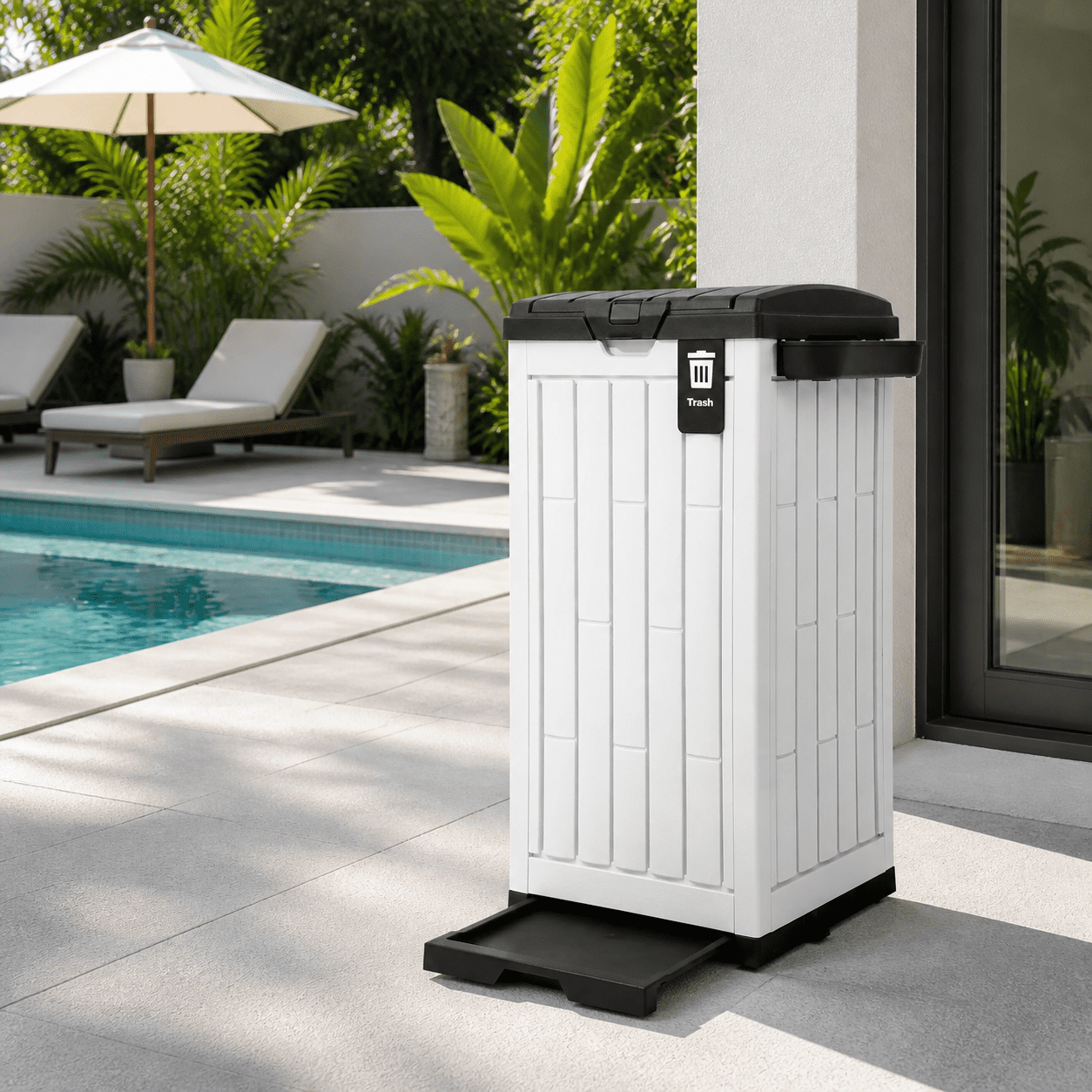 Uforic 38 Gallon Outdoor Trash Can Set of 2, Resin Garbage Bins with Lid, Sorting Labels, Ash Holder, Stakes & Suction Cups for Patio Backyard Garden, White