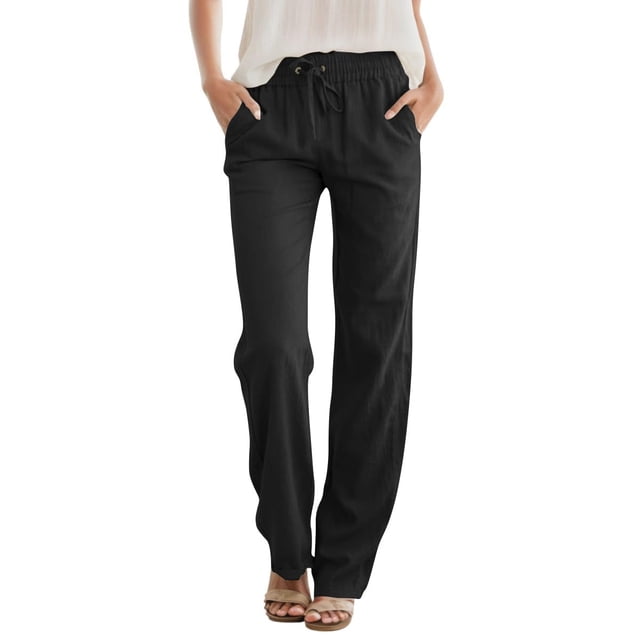 Pantalones JEKAOYI para mujer, cintura alta, con cordón, recto, negros