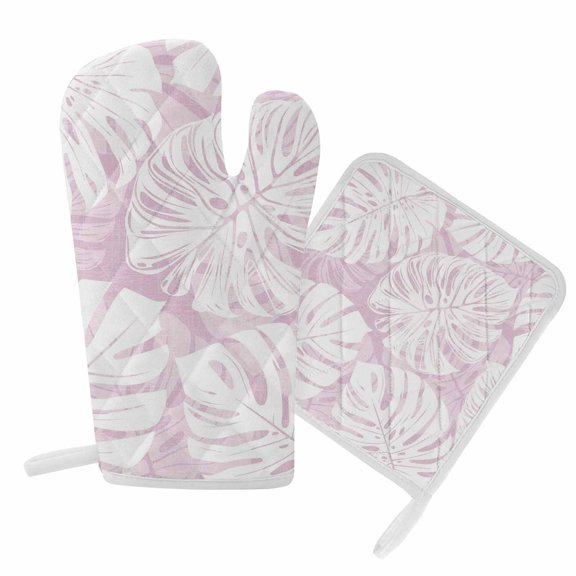 Oven Mitts and Pot Holder Set for Kitchen, Pink Monstera Deliciosa Kitchen Oven Gloves Heat Resistance Non-Slip Surface Potholders Tropical Palm Leaves Hot Pads Sets for Cooking Baking Grilling BBQ