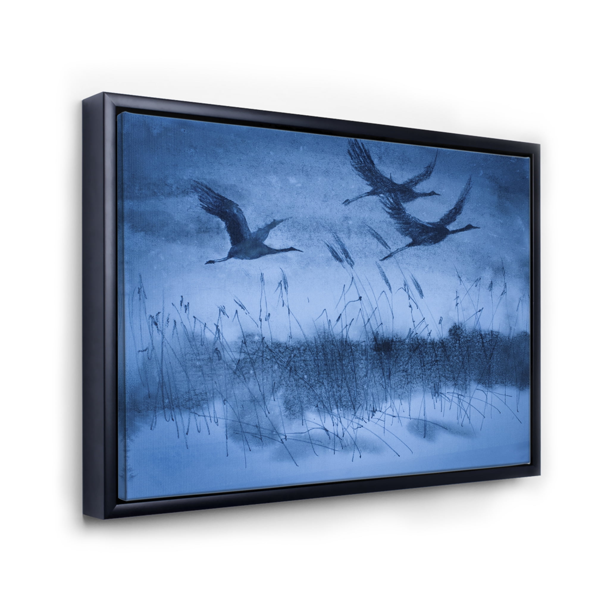 Designart 'Cranes In Flight During Blue Evening Light' Traditional Framed Canvas Wall Art Print
