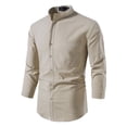 thumbnail image 2 of Camisa de lino y algodón para hombre de primavera y verano, camisa informal de manga larga con cuello levantado Pompotops oipoqjl47523, 2 of 9