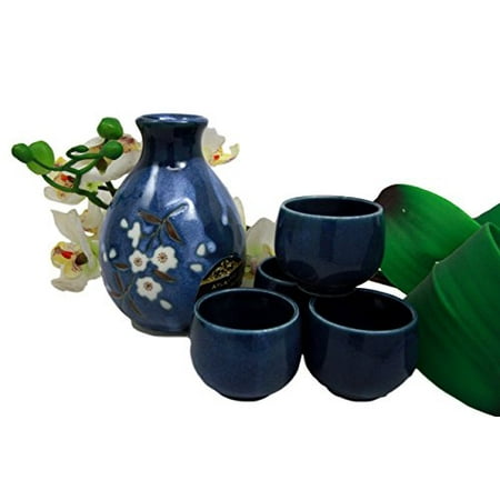 Atlantic Collectibles Japanese 8oz Ceramic Blue Cherry Blossom Sake Set Flask With Four