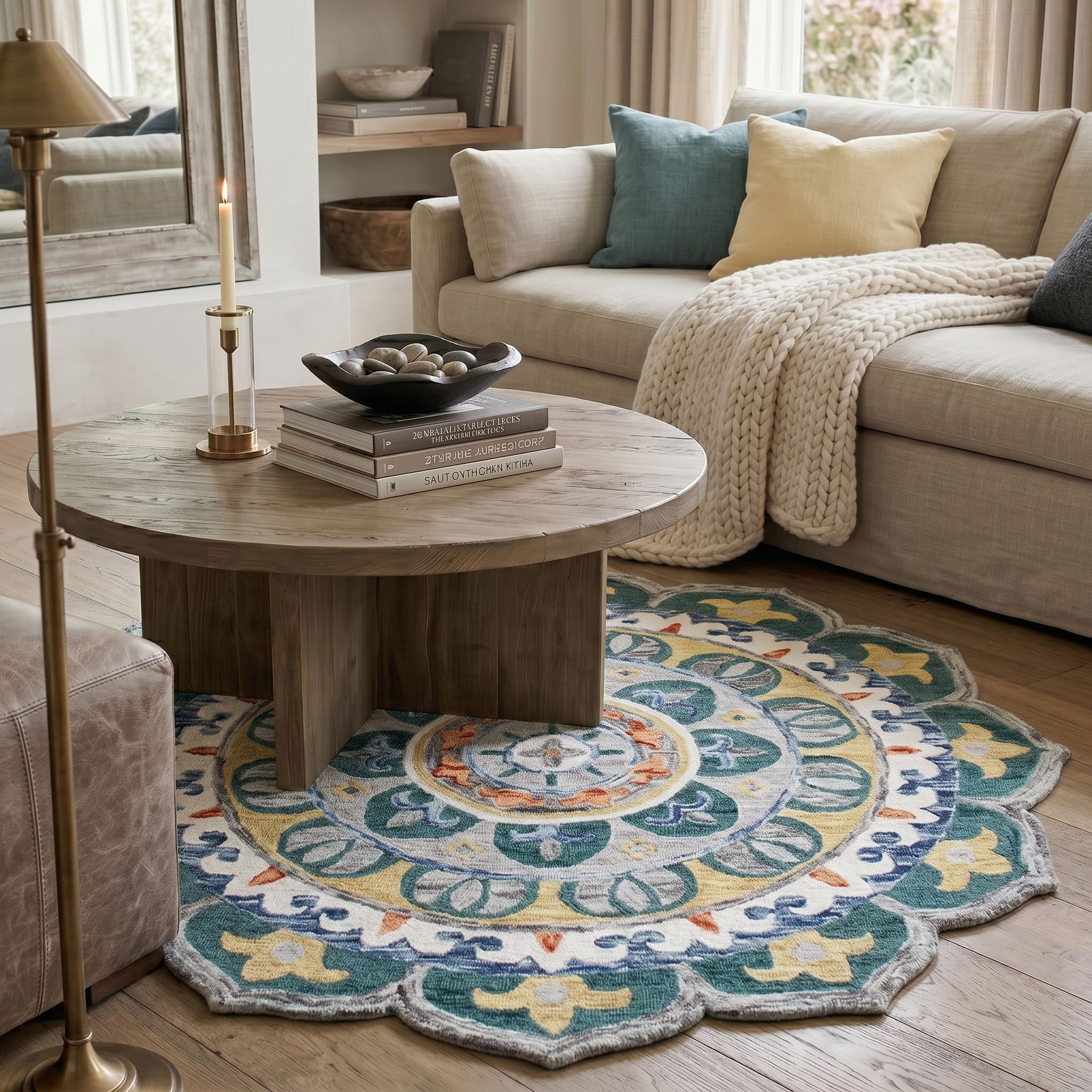 Ox Bay Talia 4' Round Teal/Multi Medallion Wool Indoor Area Rug