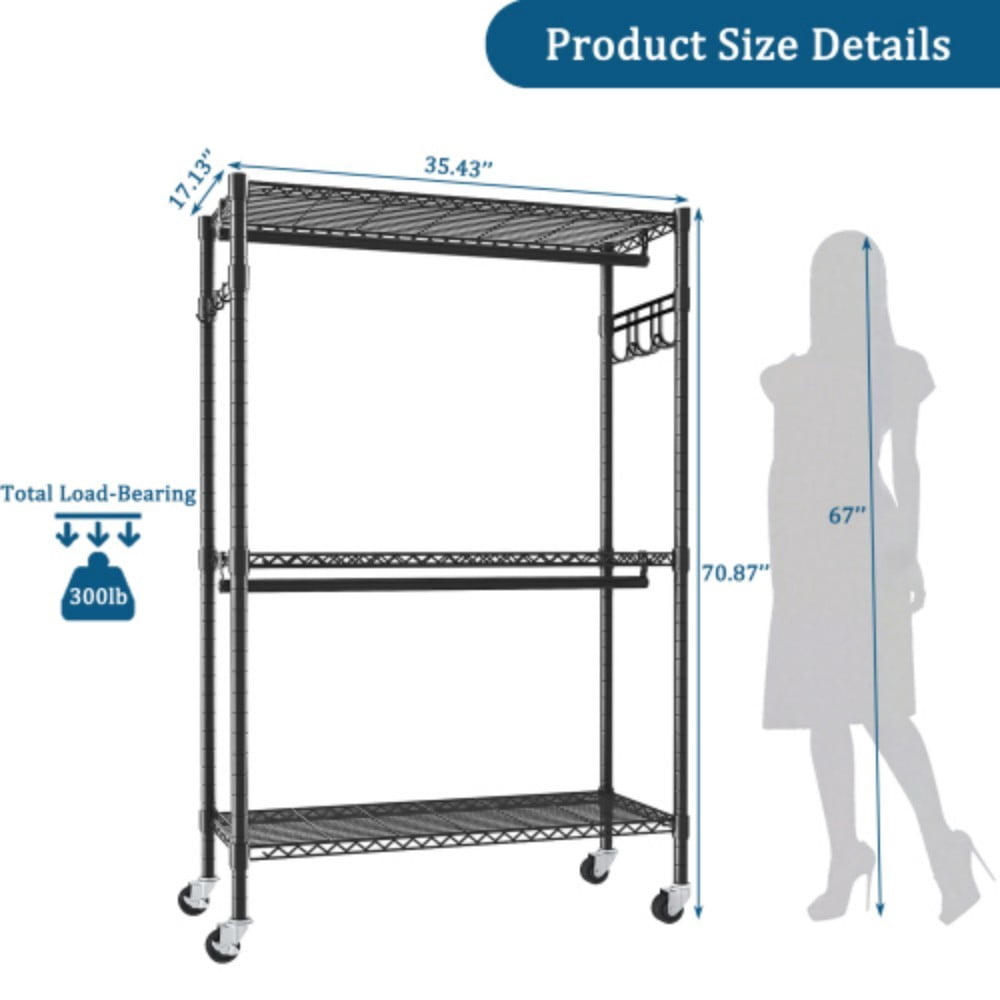 Rolling Clothes Rack, Heavy Duty Garment Rack with Wheels, 3-Tier Adjustable Wire Shelving, 2 Clothes Rails & Side Hooks, Portable Closet Organizer, Black