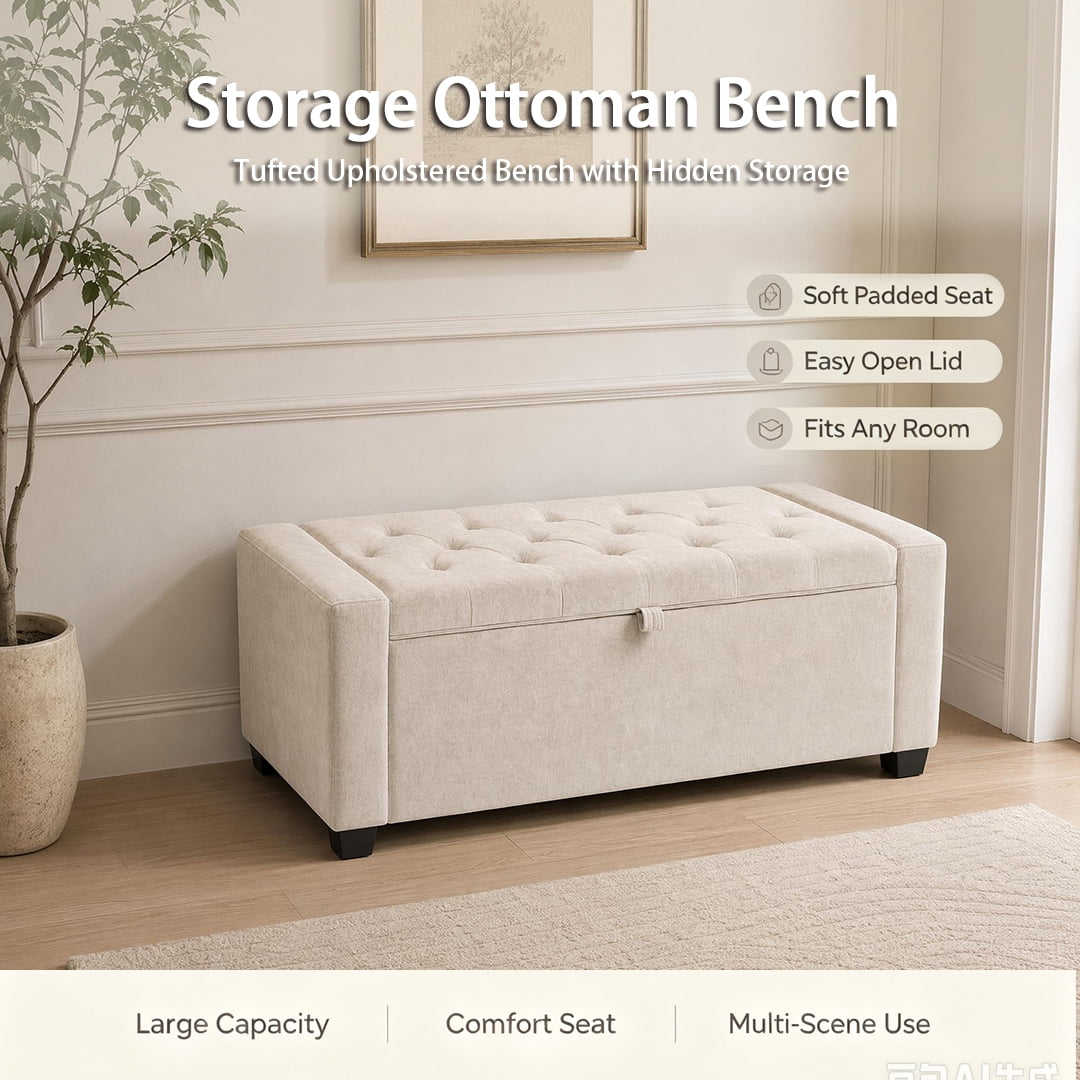 Storage Bench 43.3 Inch, Chenille Upholstered Ottoman Bench with Safety Hinge, End of Bed Storage Bench for Bedroom and Entryway, Beige