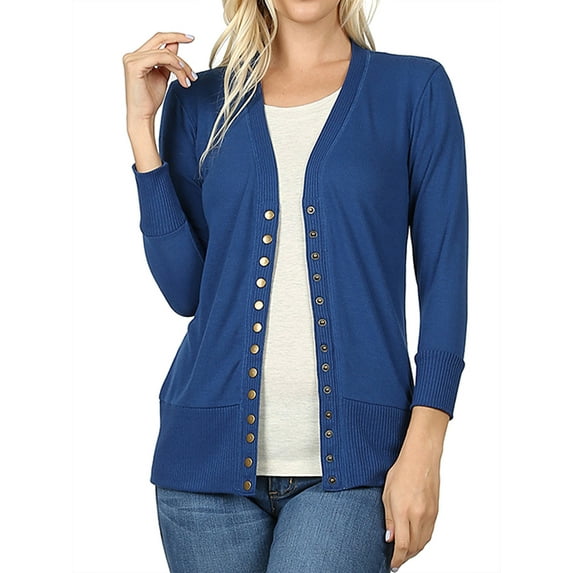 Women Classic Thin Snap Button Front V-Neck Button Down 3/4 Sleeve Ribbed Knit Cardigan