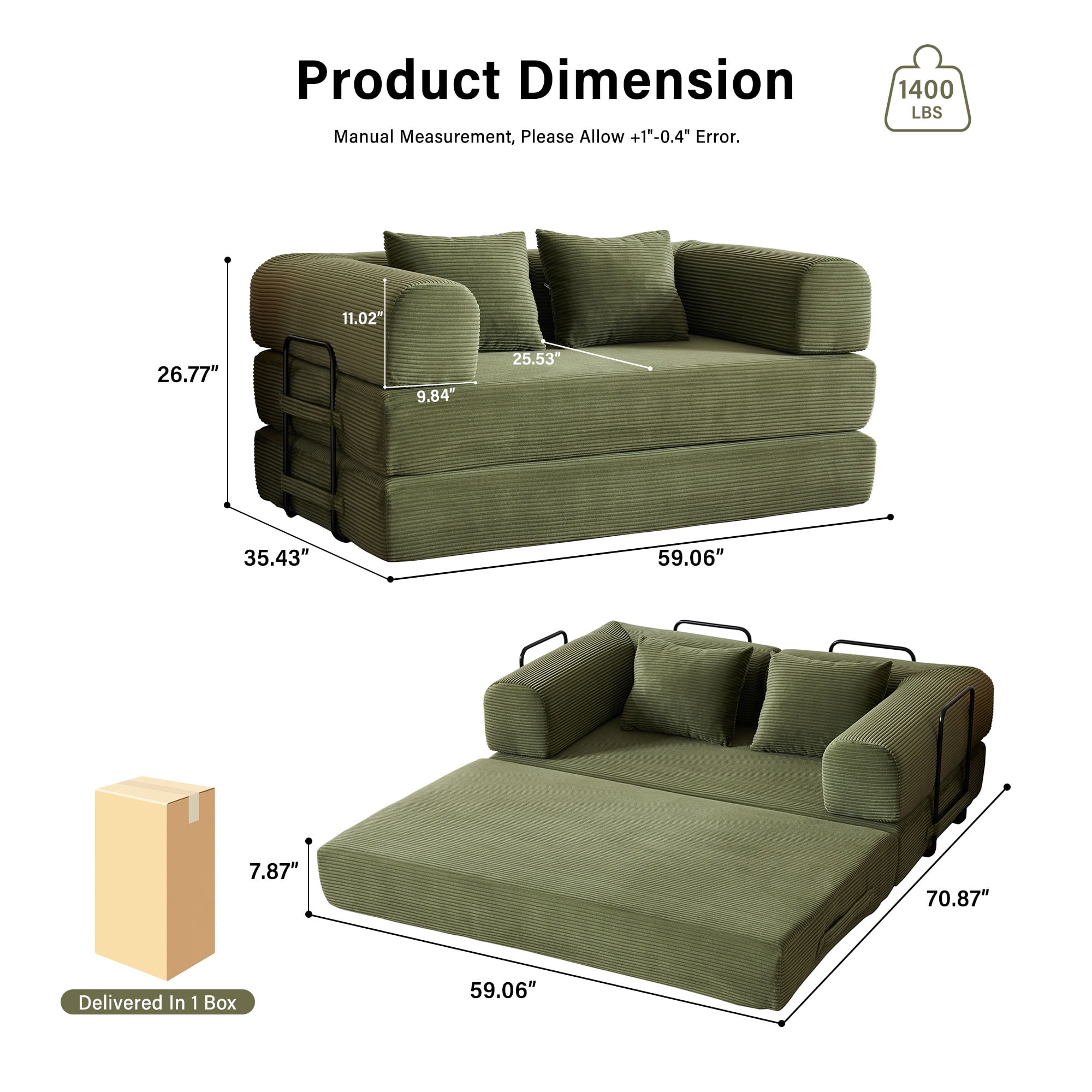 59" 5-in-1 Convertible Corduroy Sofa Bed, No-Assembly Boneless Loveseat Pull-Out Sleeper for Small Spaces(Green)