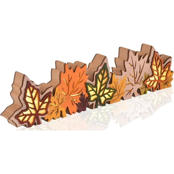 3D Lighted Fall Maple Leaves Wooden Block Sign, 3-Piece Thanksgiving Centerpieces, LED Autumn Harvest Decor
