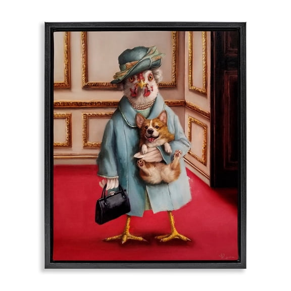 Stupell Industries Queen Chicken with Corgi Regal Animal Humor Jet Black Framed Floating Canvas Wall Art, 16x20, by Lucia Heffernan