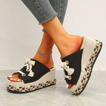 

AXXD Black Sandals for Women 6.5 Summer Slope Heel Color Matching Woven With Lace Up High Heel Sandals
