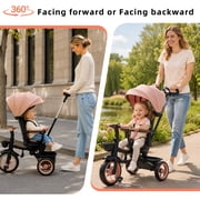 XJD 7-in-1 Toddler Bike with Push Handle for Ages 1-4, Foldable Lightweight Toddler Tricycle Stroller, Convertible Push Trike with Safety Harness, Pink