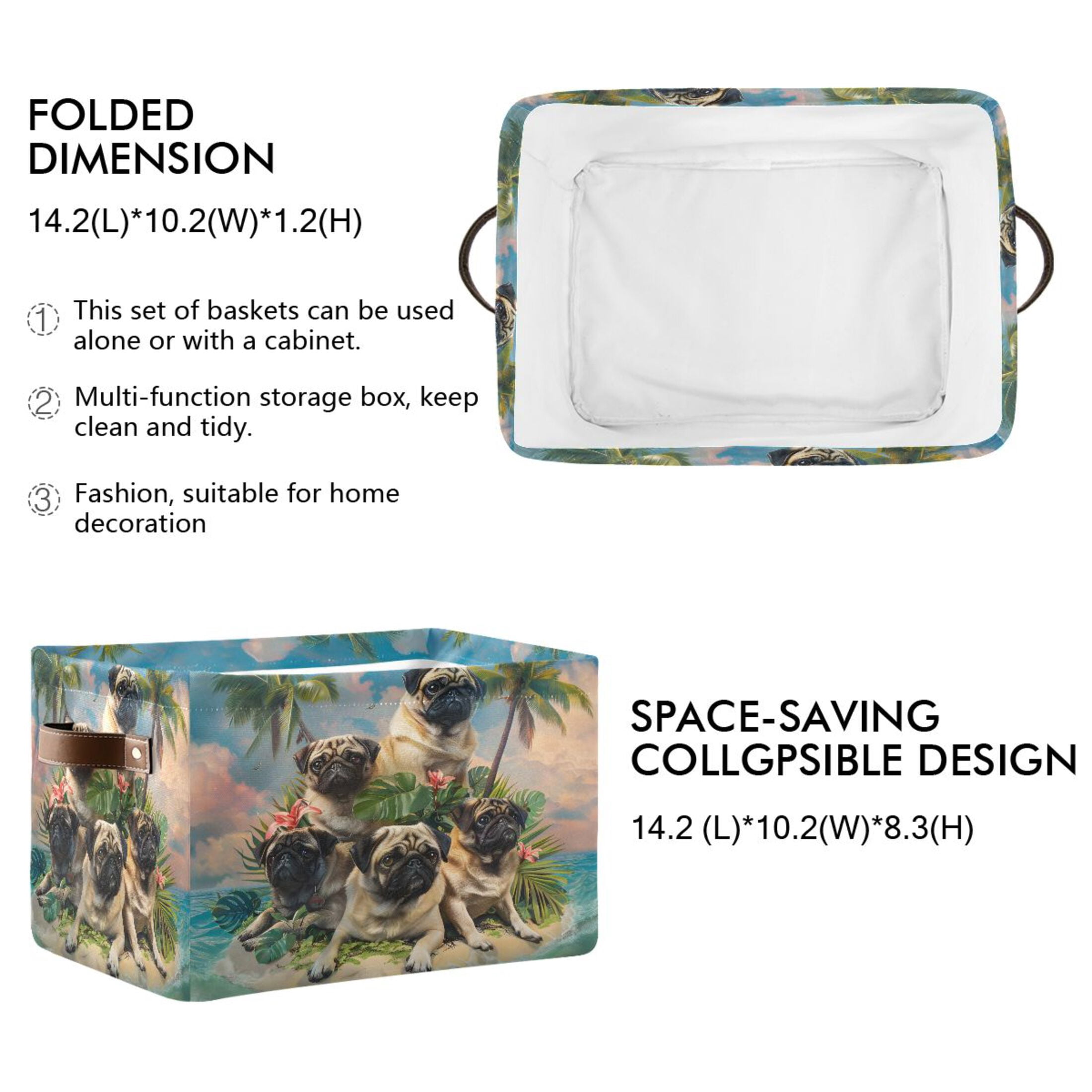 Ryvnso Pug Dog on Island Storage Basket Large Bin Foldable Boxes Toys Organizer 14.2x10.2x8.3in 2 PCs