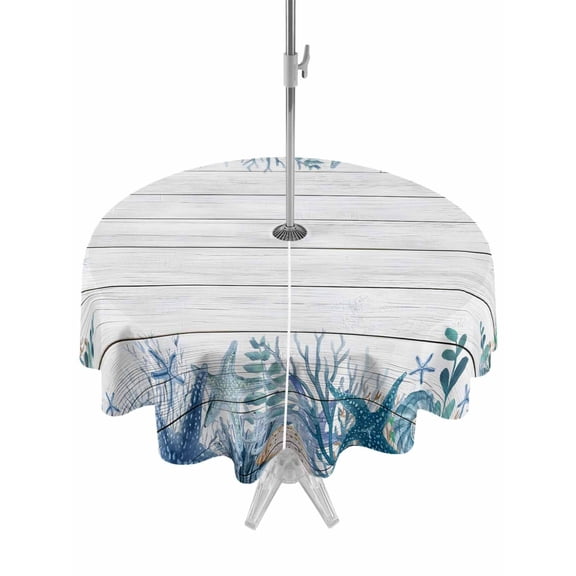 Outdoor Tablecloth with Umbrella Hole for Patio/Picnic/Party/Camping, Blue Coastal Starfish Waterproof Table Cloth Round Cover Washable, Summer Ocean Sea Corals Wooden Grain (Dia 54")