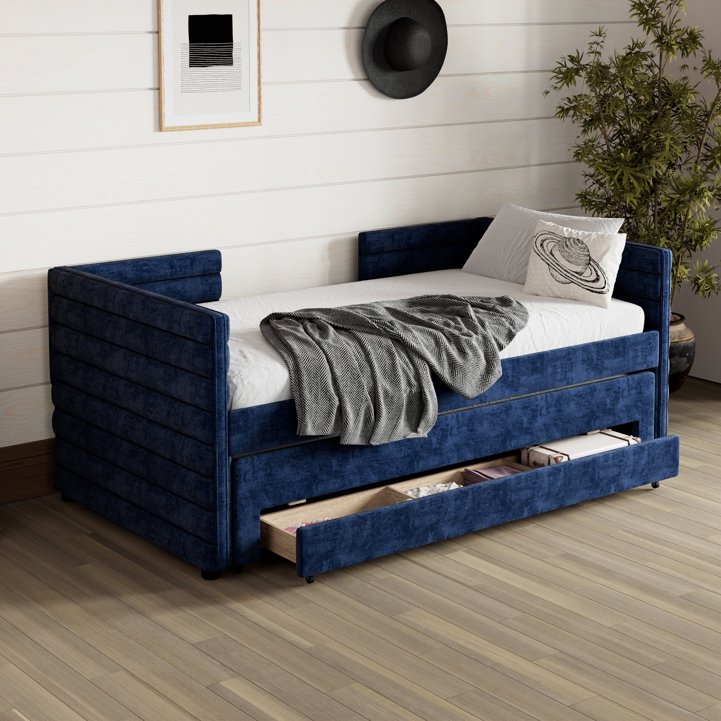 MAYEERTY Twin Upholstered Daybed Trundle 3 Drawers Chenille Sofa Bed for Guest Room Living Room Dark Blue