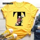 thumbnail image 3 of Venta caliente de flores de gran tamaño 26 letras en inglés negro moda tendencia estampado hombres y mujeres Casual camiseta amarilla de manga corta, 3 of 5