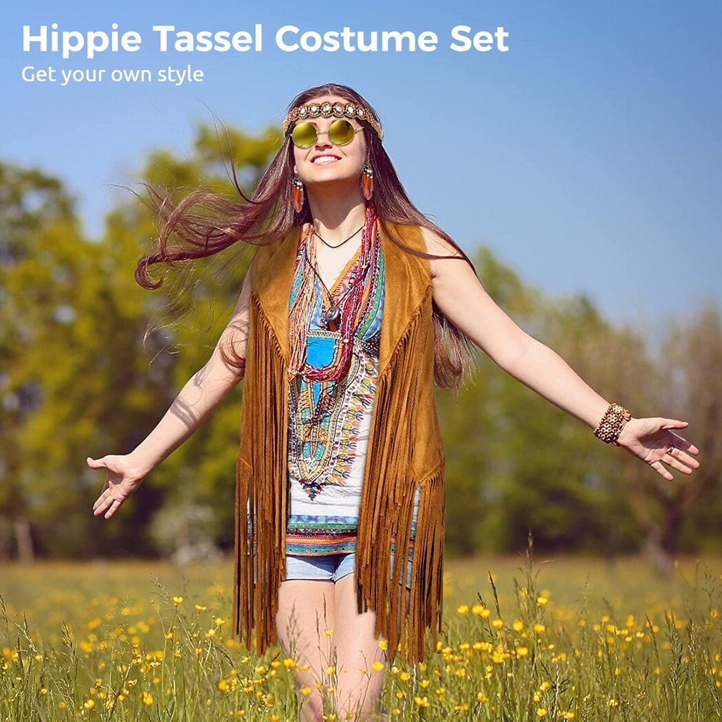 9 Pieces Women Hippy Costumes Set 60s 70s Women Fringe Hippie Vest Earring  Necklace Headband Tassel Legs Set
