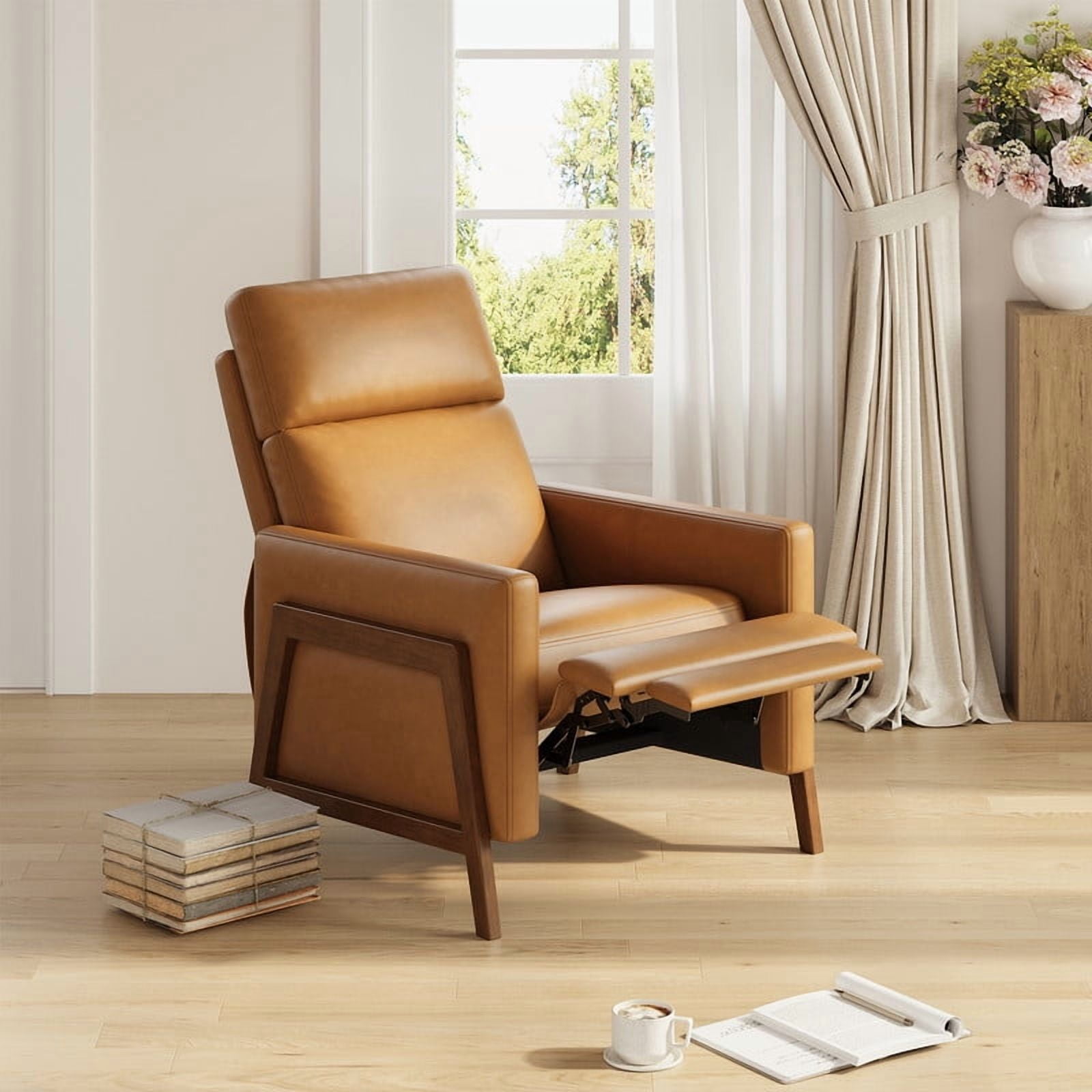 COLAMY Recliner Chair for Living Room, Brown Mid-Century Modern Push Back Recliner, Faux Leather Accent Armchair with Solid Wood Legs and Padded Seat for Small Spaces, Reading Chair