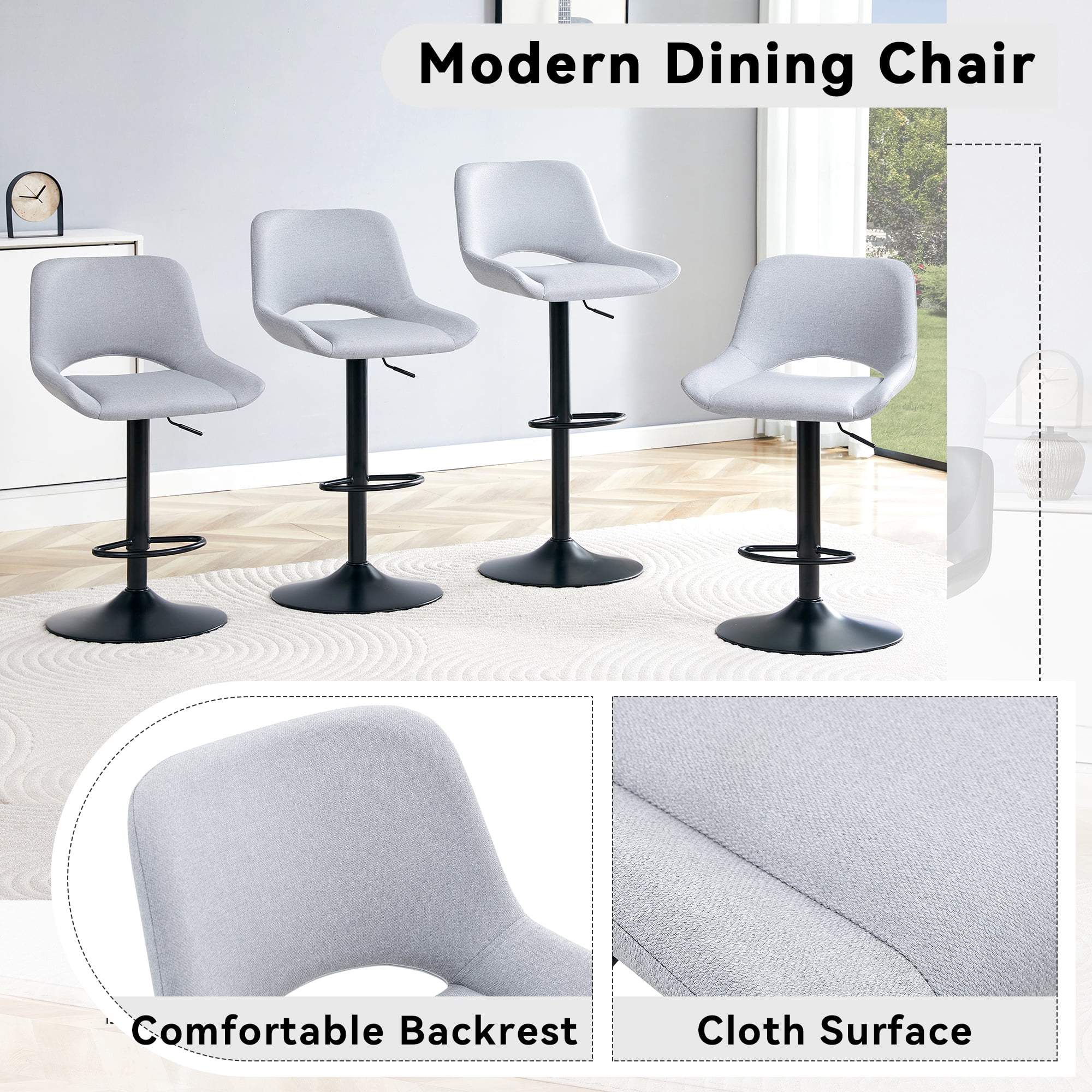 Bar Stools Set of 2, Adjustable Height Swivel Bar Stools with Linen Fabric Seat, 360 Degree Rotating Counter Height Stools for Kitchen Island and Home Bar, Black Metal Frame
