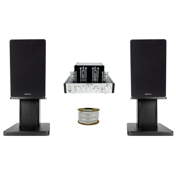 Rockville BluTube Tube Amplifier+6.5" Black Bookshelf Speakers+Black 8" Stands + Rockville BLUE 14G50 OFC 14 Gauge 50 Foot 100% Copper Speaker Wire