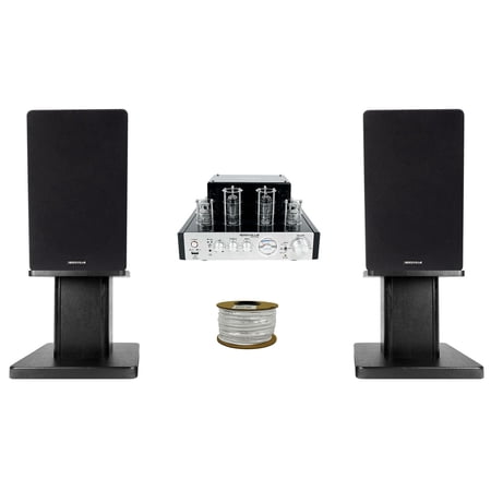 Rockville BluTube Tube Amplifier+6.5 Black Bookshelf Speakers+Black 8 Stands + Rockville BLUE 14G50 OFC 14 Gauge 50 Foot 100% Copper Speaker Wire