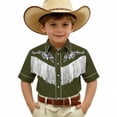 thumbnail image 4 of Wuxian Girls Boys Unisex Western Cowboy Print Shirt Button Down Floral Embroidery Short Sleeve Casual Top Elegant Fashionable Casual Cozy Cute Basic Tees,Army Green,12-13 Years, 4 of 4