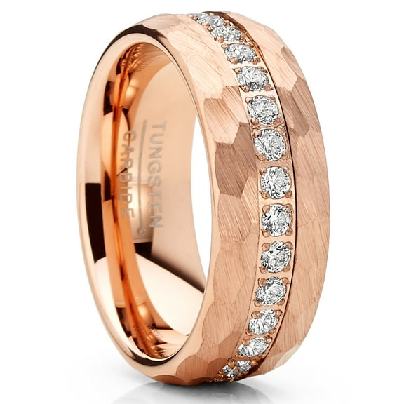 Men Tungsten Rose Goldtone Wedding Band Hammered Eternity Ring CZ Comfort-Fit