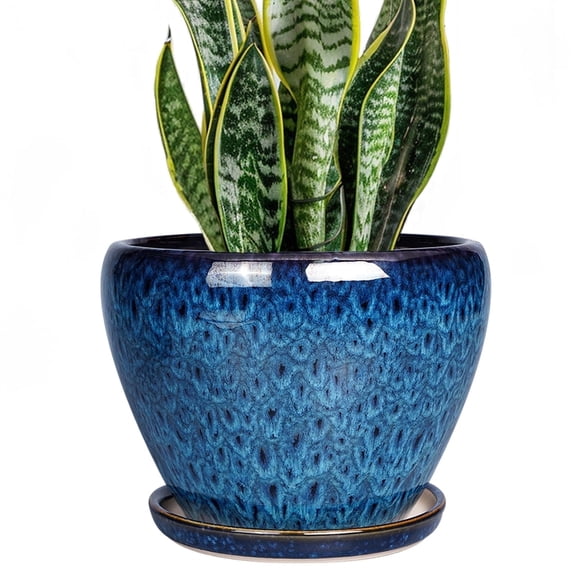 Ordivic 6 Inch Blue Ceramic Planter Pots with Drainage Hole and Saucer, Glazed Flower Pot for Indoor Succulents and Herbs