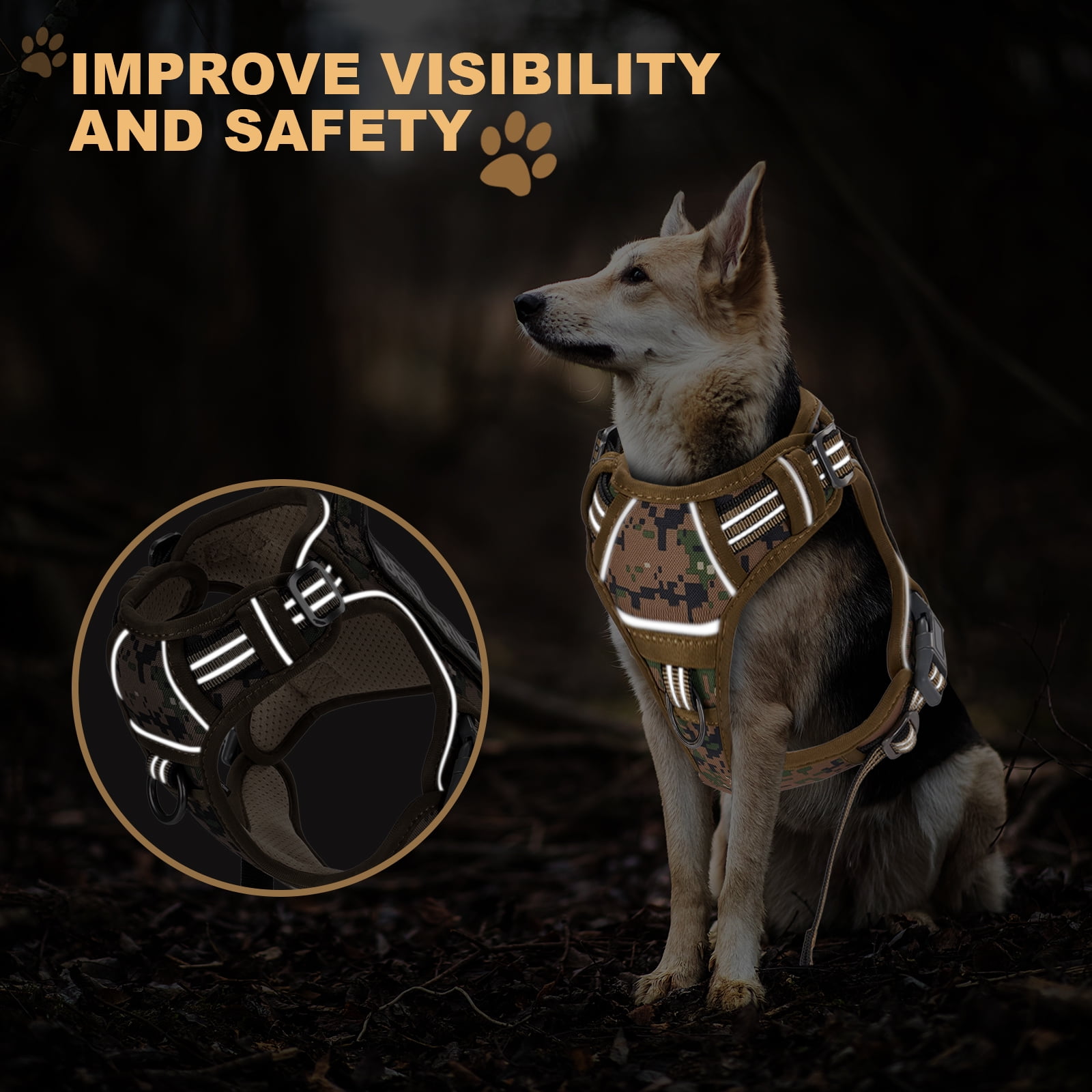 HUTACT Dog Harness, No Pull Harness, No Choke Reflective Vest with Handle, Adjustable Pet Harness for Running Walking, Khaki, Extra Large Size