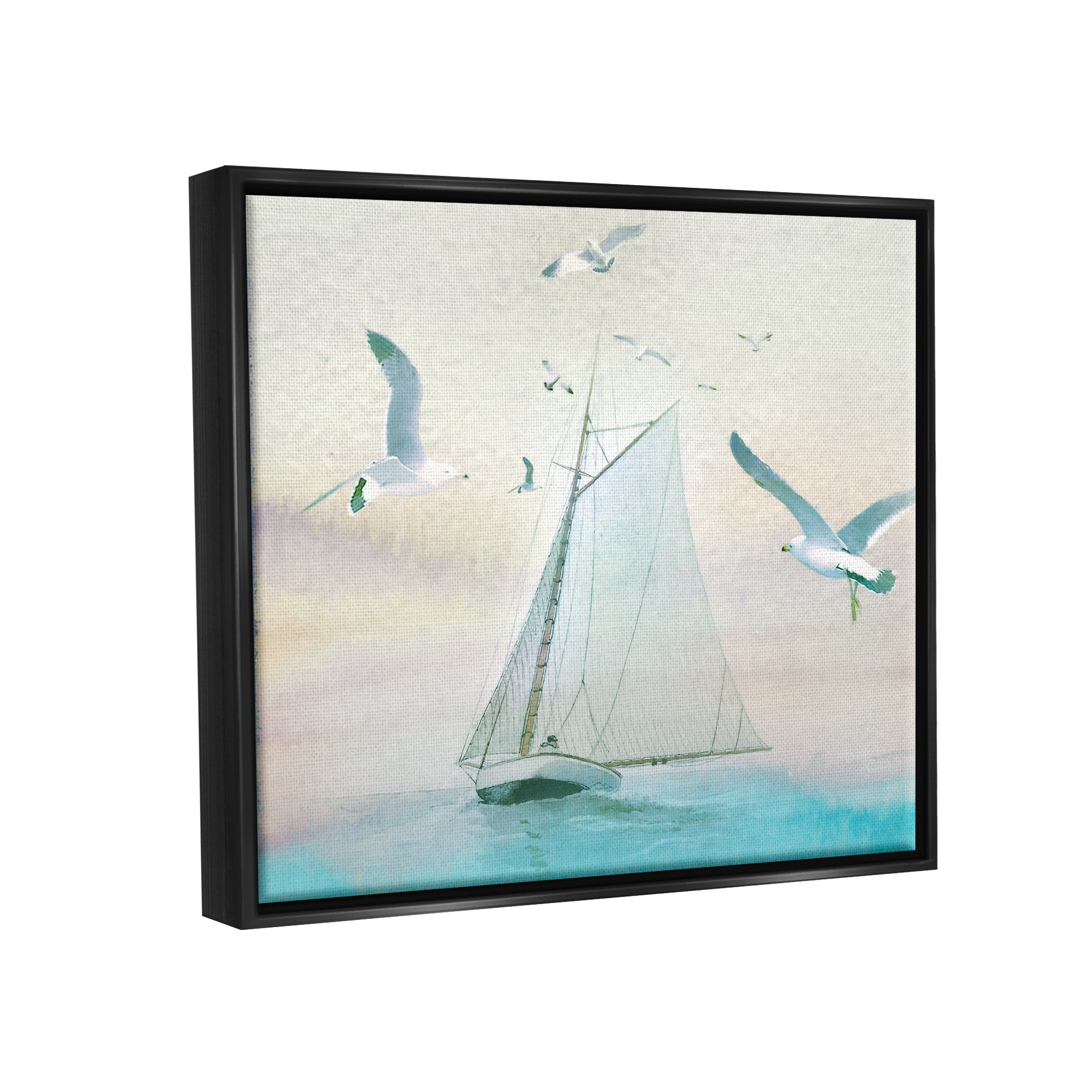 Stupell Seagulls Flying Ocean Sailboat Landscape Painting Black Floater Framed Art Print Wall Art