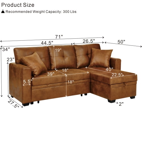71" L-Shaped Sleeper Sectional Sofa with Pull-Out Bed & Reversible Storage Chaise, Light Brown Breathable Fabric, Convertible Sofa Bed for Small Spaces
