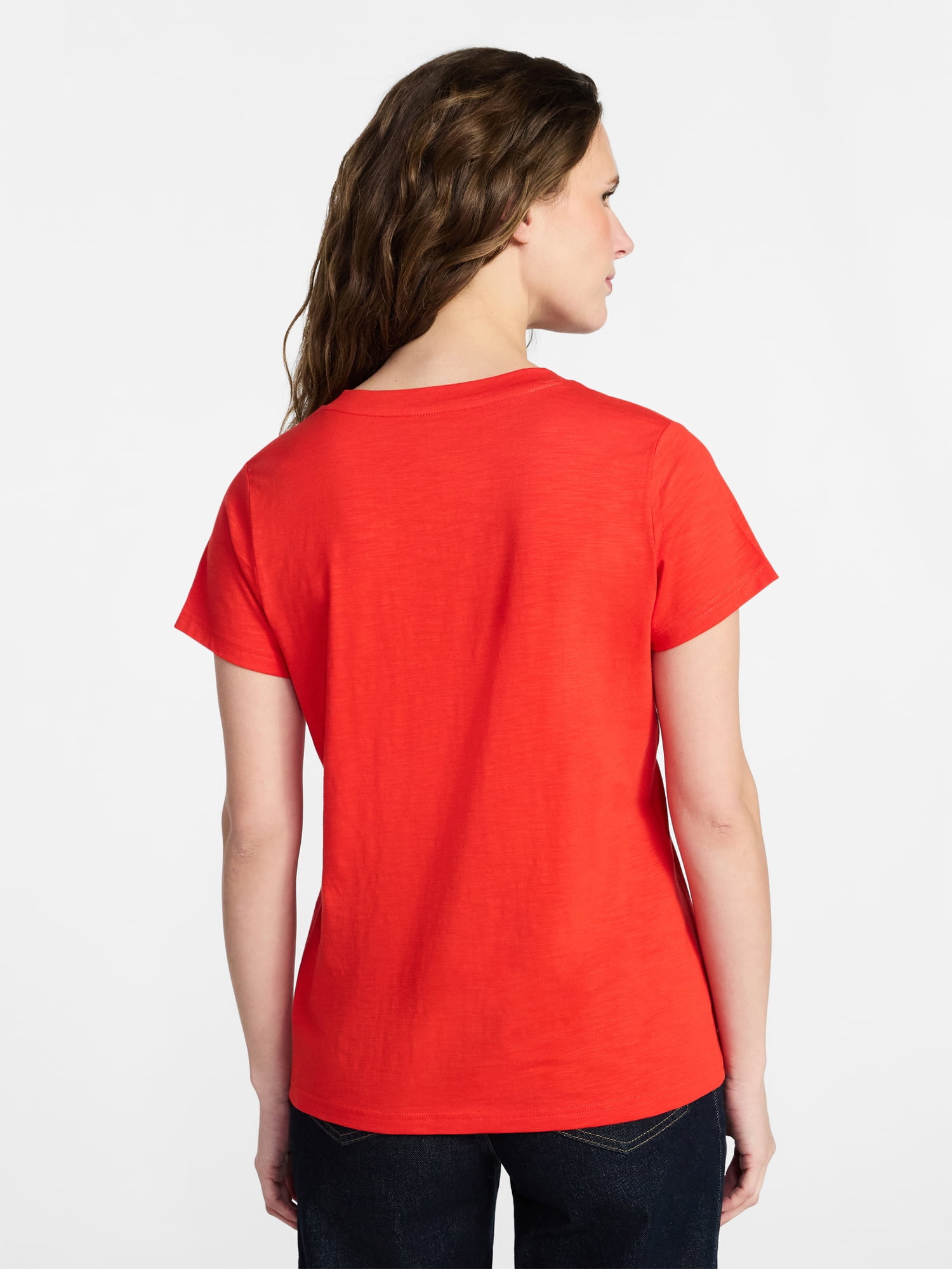 Time and Tru Women's Slub V Neck Tee with Short Sleeves, Sizes XS-XXXL