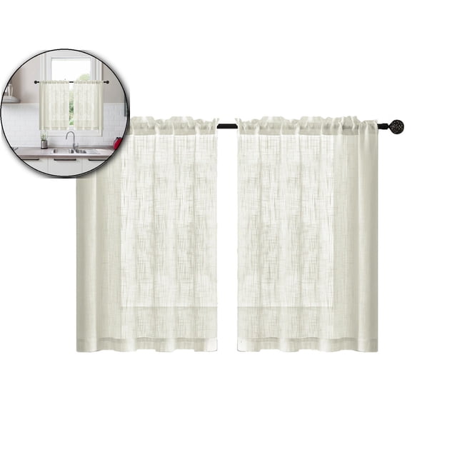 Spring Linen Textured Kitchen Window Curtains over Sink 25×30 Inch Length Semi Sheer Farmhouse Small Curtains for Cafe Bathroom Basement, Short Rod Pocket Tier Curtains 2 Panels
