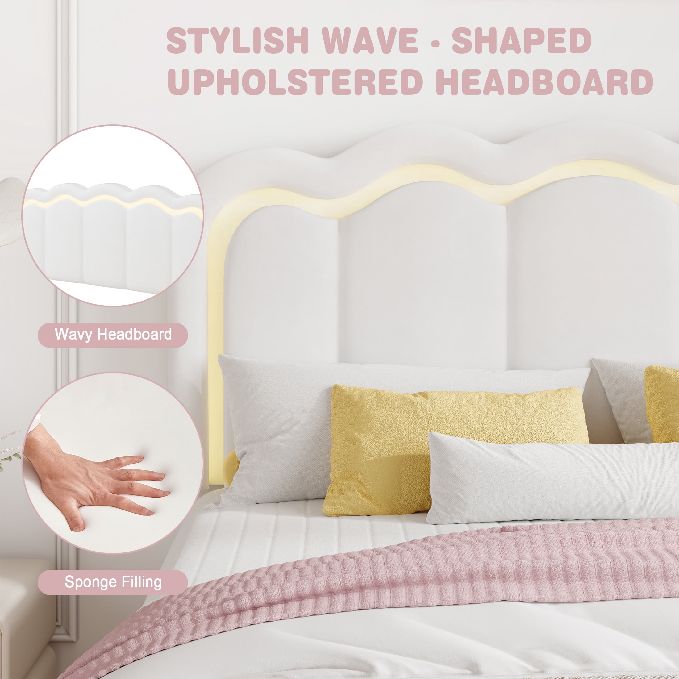 Amolife Twin Size LED Bed Frame with Drawer, Platform Bed with Velvet Upholstered Adjustable Wavy Headboard, White