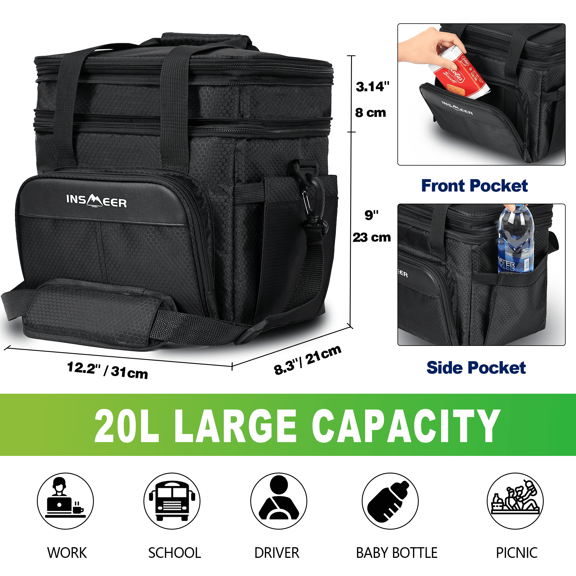 INSMEER Expandable Insulated Lunch Bag for Men, Leakproof 2-Layer Cooler, 30-Can Large Capacity 21.13 Qt, Perfect for Adult Work Travel Picnic