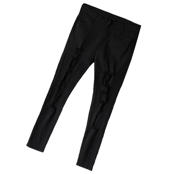 Pantalones vaqueros ajustados de mezclilla elástica con agujeros rotos y cintura alta para mujer SG